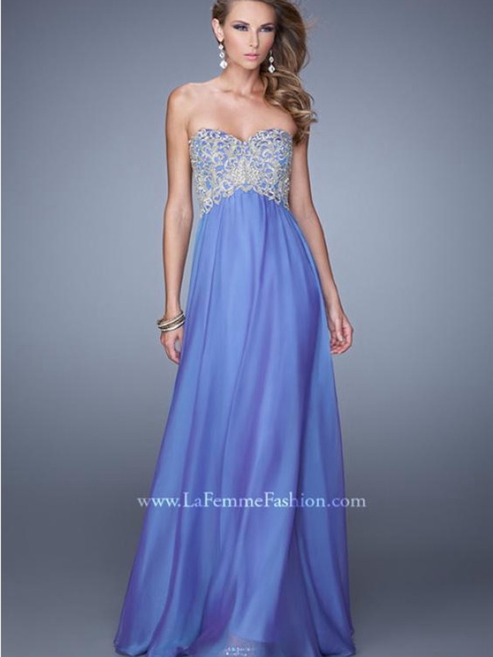 La Femme Strapless Beaded Bodice Evening Gown in Periwinkle Blue